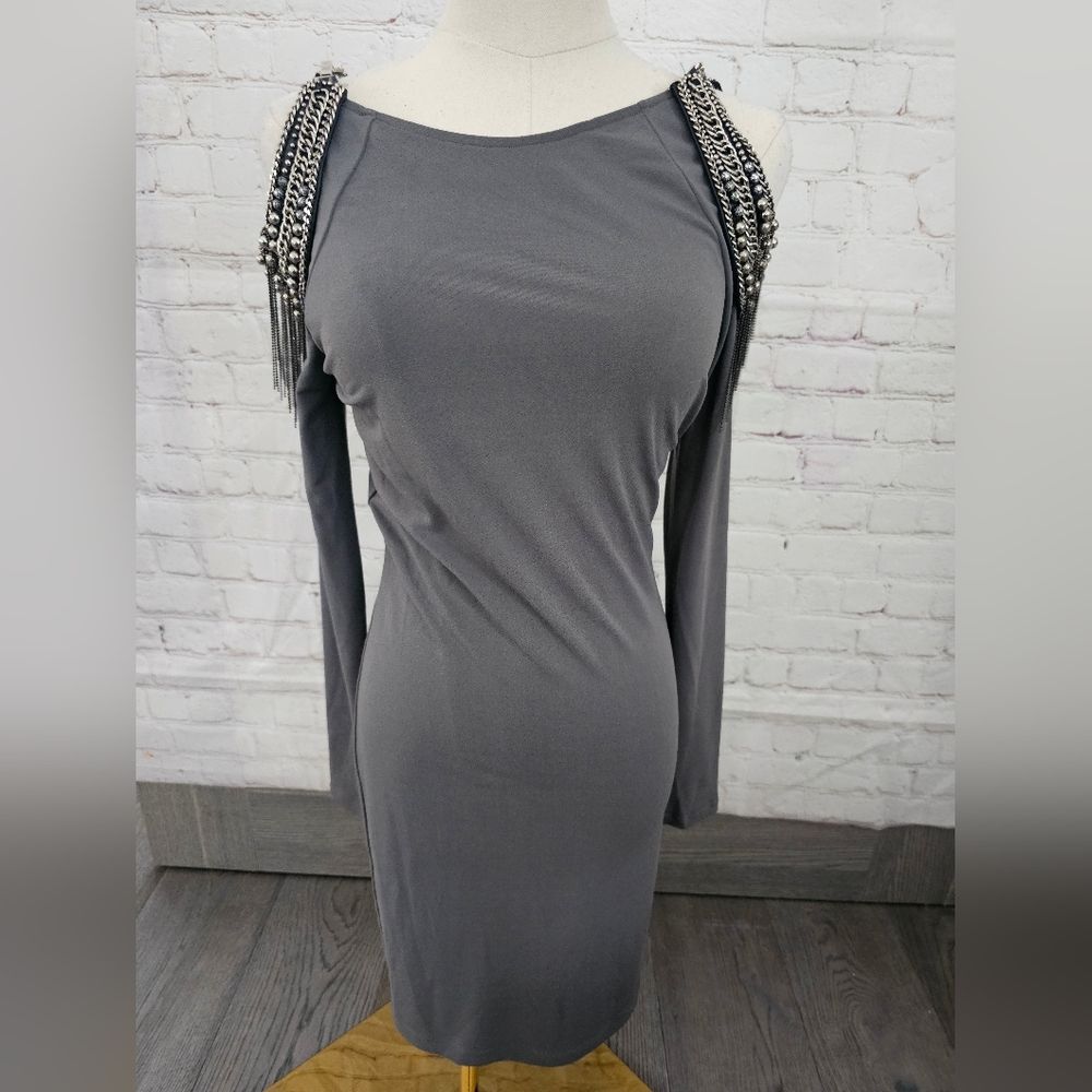 Alice+Olivia Embellished Cutout Shoulder Dress | Gray | Small | Euc
